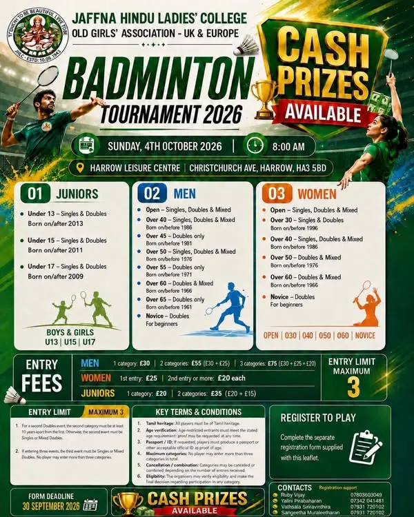 Jaffna Hindu Ladies' College OGA Badminton Tournament 2026